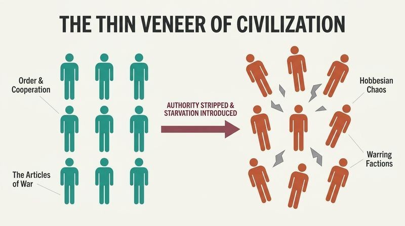 Split diagram showing an orderly grid of cooperative teal silhouettes transforming into a chaotic, fragmented cluster of hostile terracotta silhouettes under deprivation.