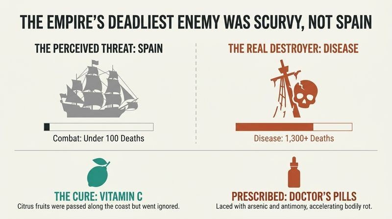 Split comparison diagram contrasting minimal deaths from Spanish combat with the massive death toll from scurvy, highlighting the missed citrus cure versus toxic prescribed treatments.