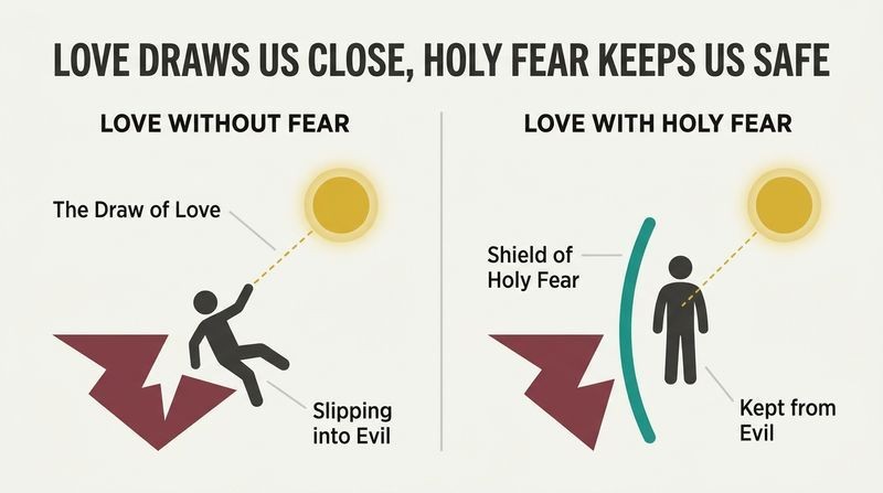 Split panel comparison showing how love draws us toward God, but only holy fear acts as a protective shield keeping us from falling into evil.
