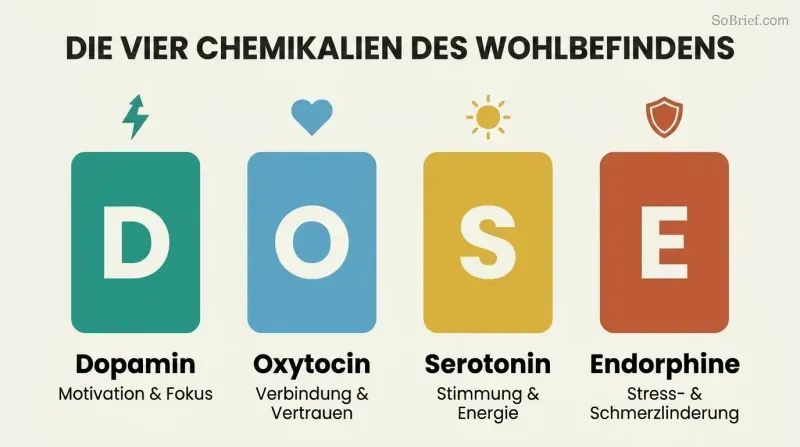 Four vertical pillars labeled D, O, S, and E represent dopamine, oxytocin, serotonin, and endorphins with their distinct wellbeing functions.