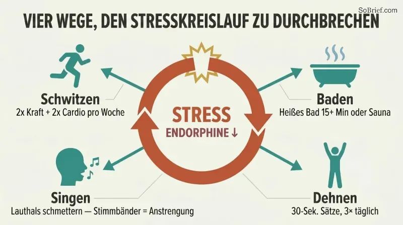 A broken circular stress loop at center with four solution spokes radiating outward to icons for exercise, heat, singing, and stretching.
