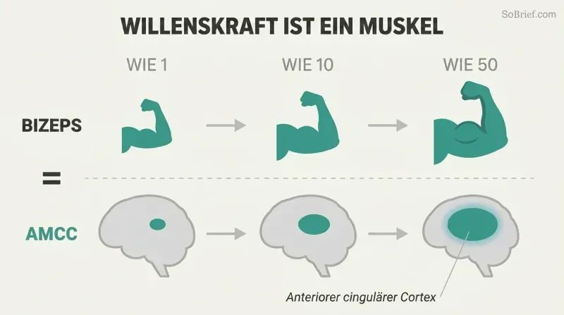 Two parallel progressions showing a bicep and a brain region both growing larger across three stages of increasing repetitions.
