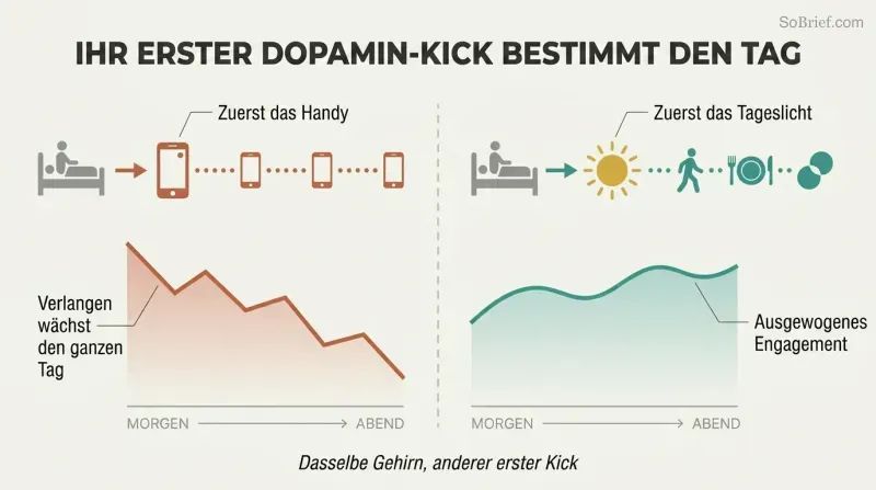Split panel comparing two morning routines where grabbing a phone first leads to all-day cravings while choosing daylight first leads to a balanced day.