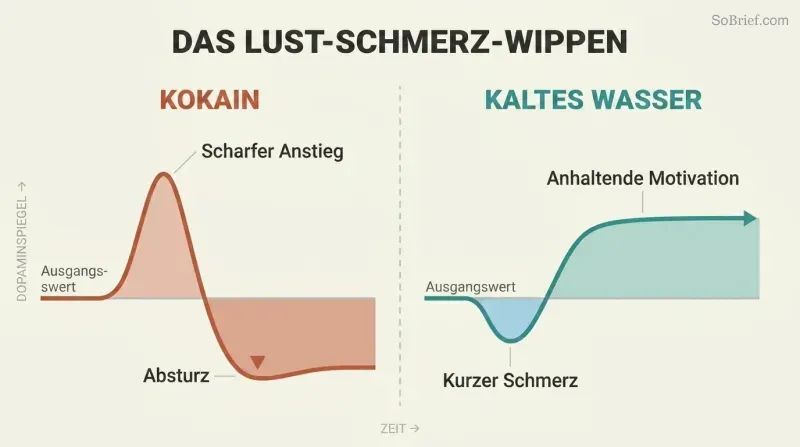 Split comparison of two dopamine curves over time — a sharp spike then crash for cocaine versus a brief dip then sustained elevation for cold water exposure.