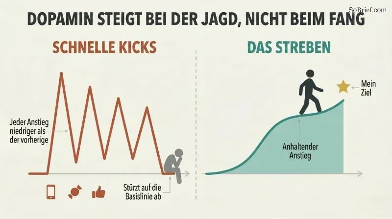 Split panel comparing jagged declining dopamine spikes from quick hits against a smooth rising dopamine curve from sustained pursuit of a meaningful goal.