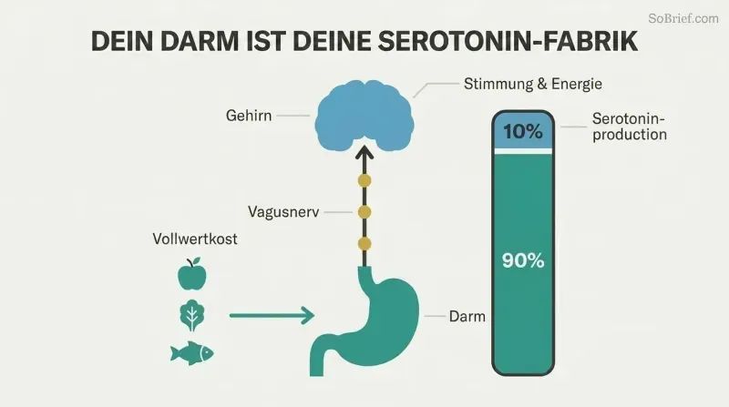 Vertical diagram showing gut and brain connected by vagus nerve, with a proportion bar revealing 90% of serotonin is produced in the gut, fed by whole foods.