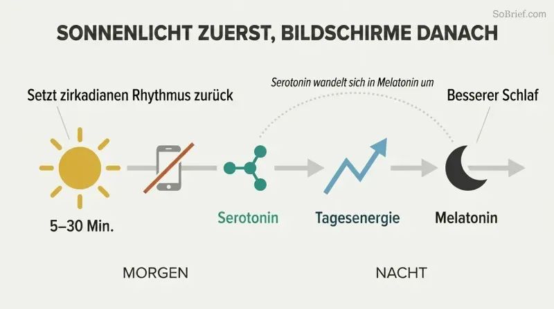Horizontal morning-to-night timeline showing sunlight triggering a serotonin-to-melatonin chemical chain across the day for better energy and sleep.
