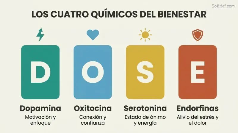 Four vertical pillars labeled D, O, S, and E represent dopamine, oxytocin, serotonin, and endorphins with their distinct wellbeing functions.