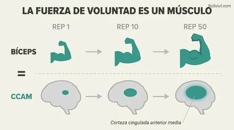 Two parallel progressions showing a bicep and a brain region both growing larger across three stages of increasing repetitions.