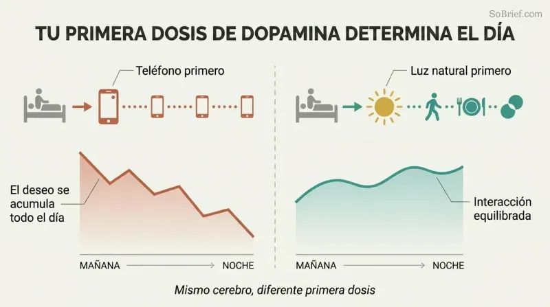 Split panel comparing two morning routines where grabbing a phone first leads to all-day cravings while choosing daylight first leads to a balanced day.