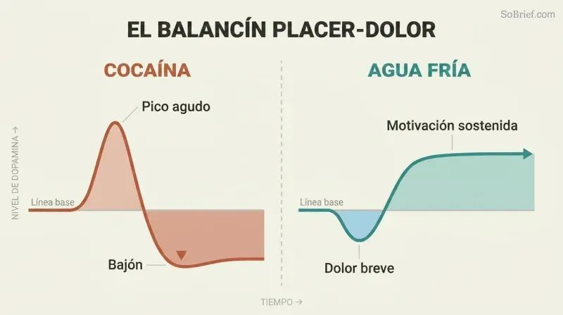 Split comparison of two dopamine curves over time — a sharp spike then crash for cocaine versus a brief dip then sustained elevation for cold water exposure.