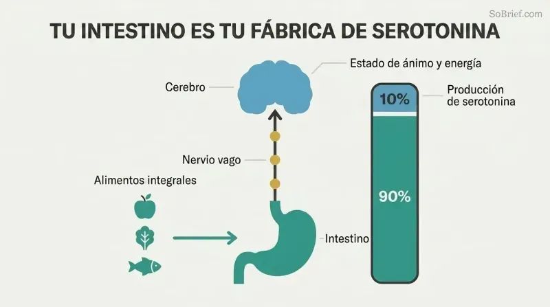 Vertical diagram showing gut and brain connected by vagus nerve, with a proportion bar revealing 90% of serotonin is produced in the gut, fed by whole foods.