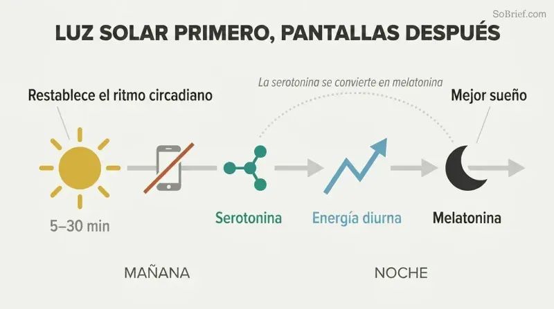 Horizontal morning-to-night timeline showing sunlight triggering a serotonin-to-melatonin chemical chain across the day for better energy and sleep.