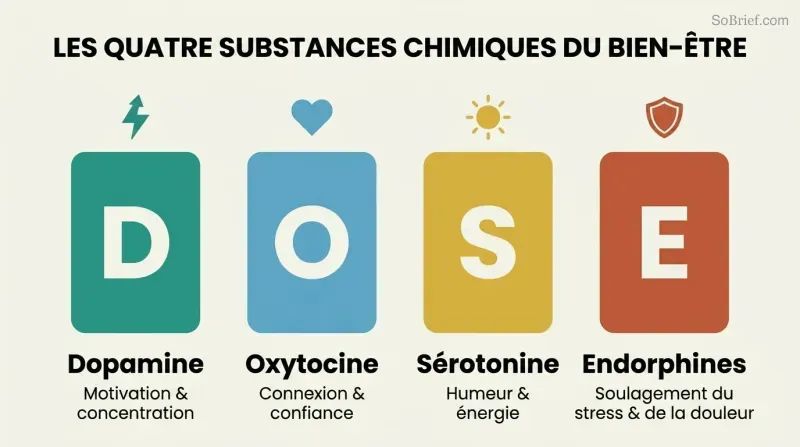Four vertical pillars labeled D, O, S, and E represent dopamine, oxytocin, serotonin, and endorphins with their distinct wellbeing functions.