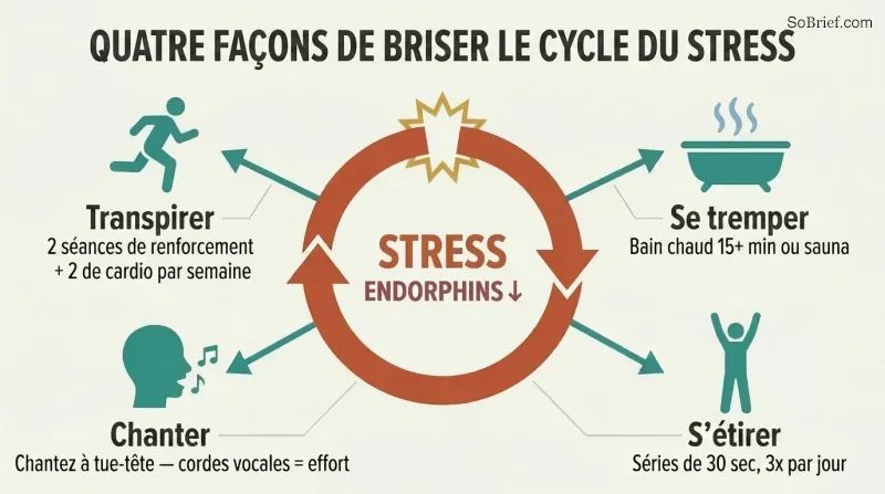 A broken circular stress loop at center with four solution spokes radiating outward to icons for exercise, heat, singing, and stretching.
