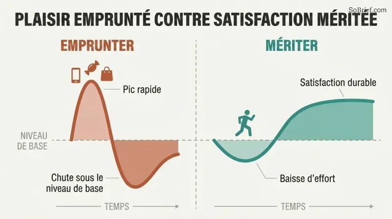 Split panel comparing two dopamine curves — a sharp spike crashing below baseline versus a gradual dip rising to sustained satisfaction above it.