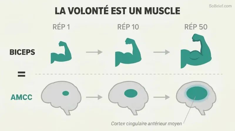 Two parallel progressions showing a bicep and a brain region both growing larger across three stages of increasing repetitions.
