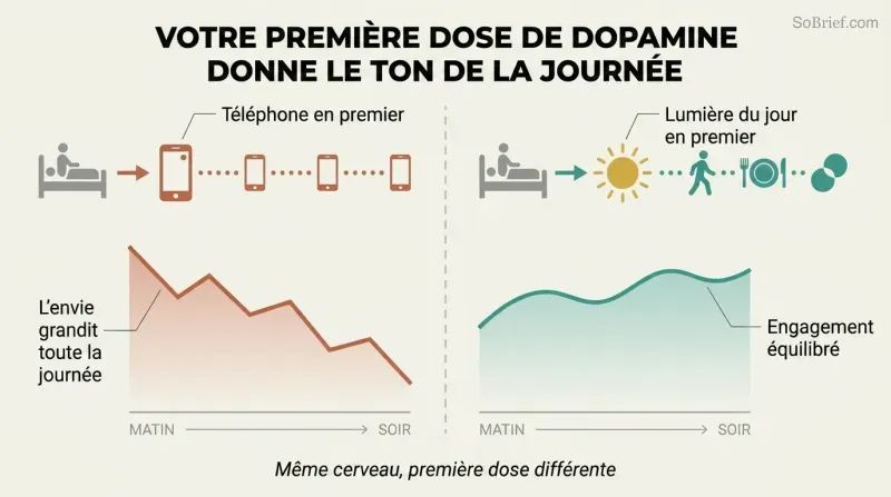 Split panel comparing two morning routines where grabbing a phone first leads to all-day cravings while choosing daylight first leads to a balanced day.