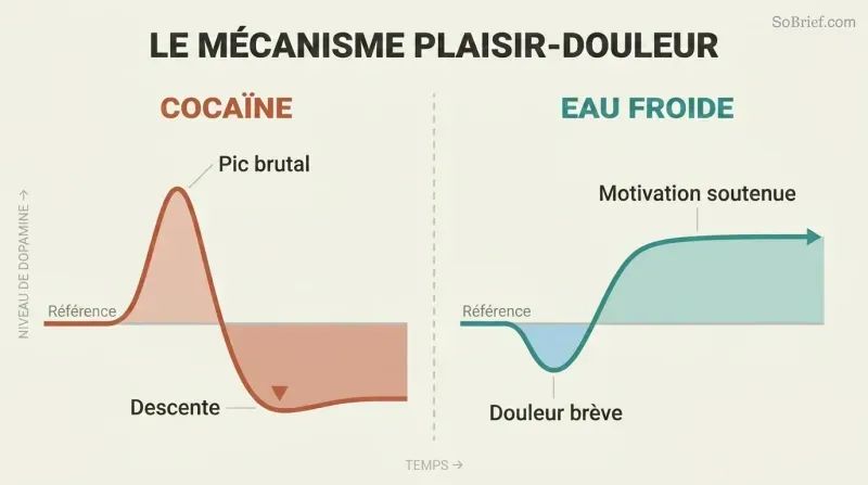 Split comparison of two dopamine curves over time — a sharp spike then crash for cocaine versus a brief dip then sustained elevation for cold water exposure.