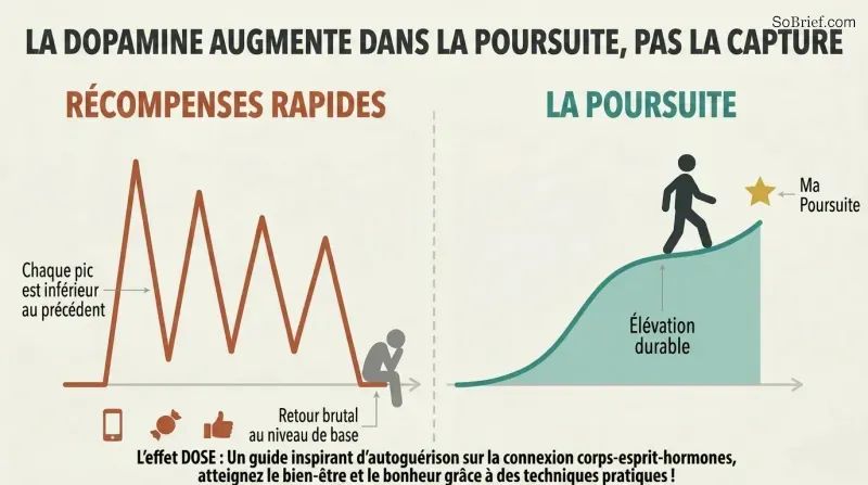Split panel comparing jagged declining dopamine spikes from quick hits against a smooth rising dopamine curve from sustained pursuit of a meaningful goal.