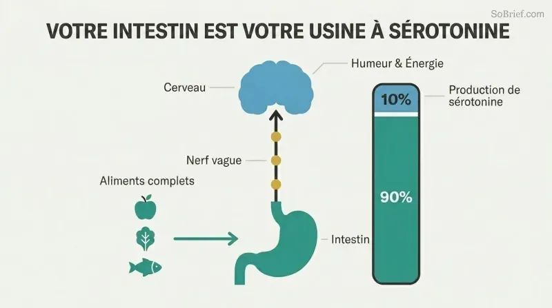 Vertical diagram showing gut and brain connected by vagus nerve, with a proportion bar revealing 90% of serotonin is produced in the gut, fed by whole foods.