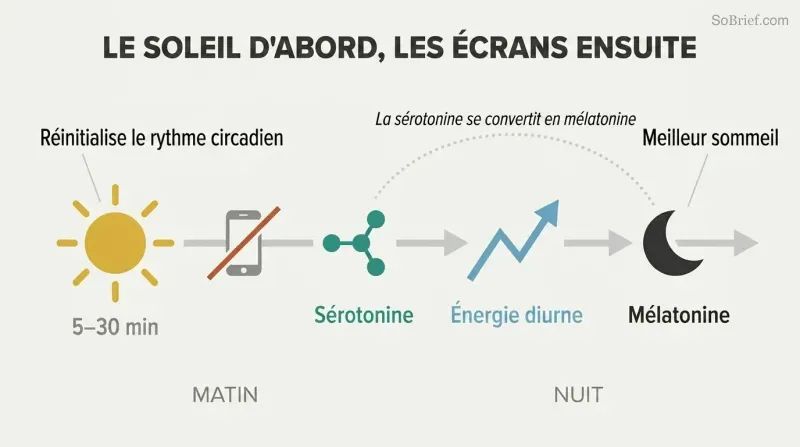 Horizontal morning-to-night timeline showing sunlight triggering a serotonin-to-melatonin chemical chain across the day for better energy and sleep.