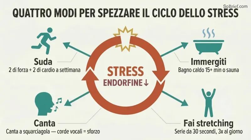 A broken circular stress loop at center with four solution spokes radiating outward to icons for exercise, heat, singing, and stretching.