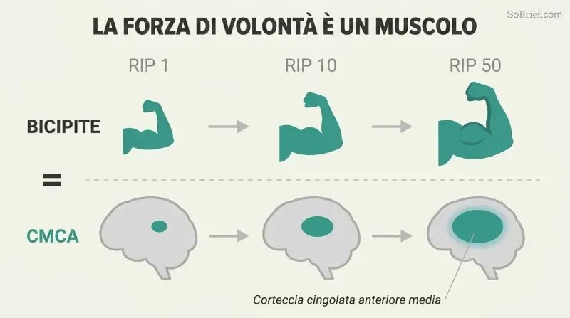 Two parallel progressions showing a bicep and a brain region both growing larger across three stages of increasing repetitions.
