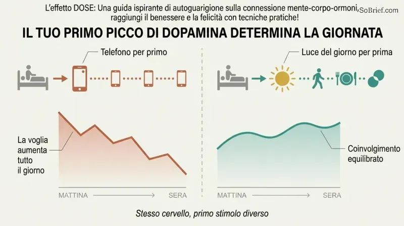 Split panel comparing two morning routines where grabbing a phone first leads to all-day cravings while choosing daylight first leads to a balanced day.