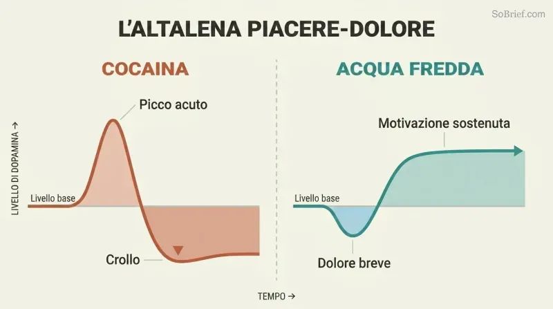 Split comparison of two dopamine curves over time — a sharp spike then crash for cocaine versus a brief dip then sustained elevation for cold water exposure.