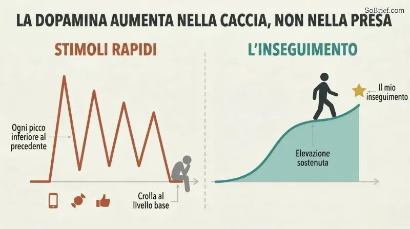 Split panel comparing jagged declining dopamine spikes from quick hits against a smooth rising dopamine curve from sustained pursuit of a meaningful goal.