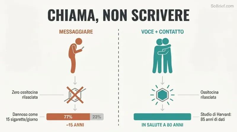 Split panel comparing texting with zero oxytocin release on the left to voice and touch triggering oxytocin and longevity on the right.