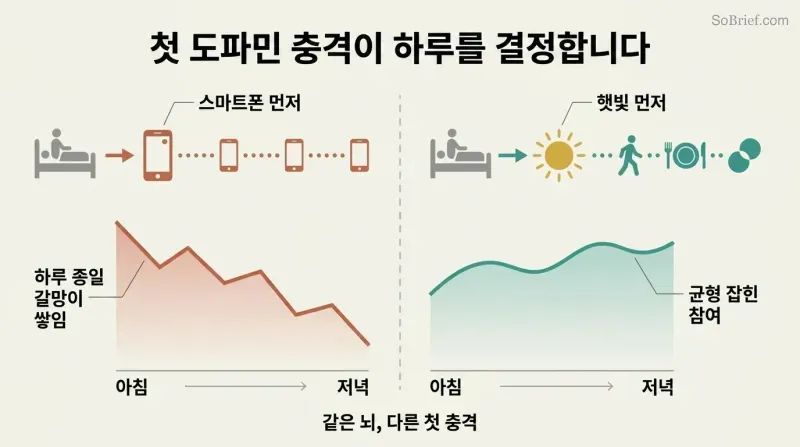 Split panel comparing two morning routines where grabbing a phone first leads to all-day cravings while choosing daylight first leads to a balanced day.