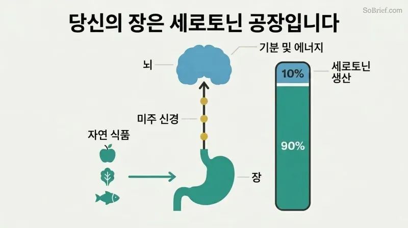 Vertical diagram showing gut and brain connected by vagus nerve, with a proportion bar revealing 90% of serotonin is produced in the gut, fed by whole foods.