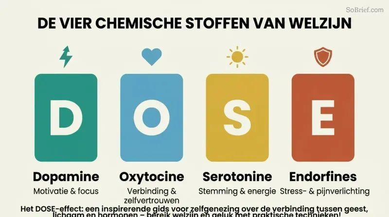 Four vertical pillars labeled D, O, S, and E represent dopamine, oxytocin, serotonin, and endorphins with their distinct wellbeing functions.