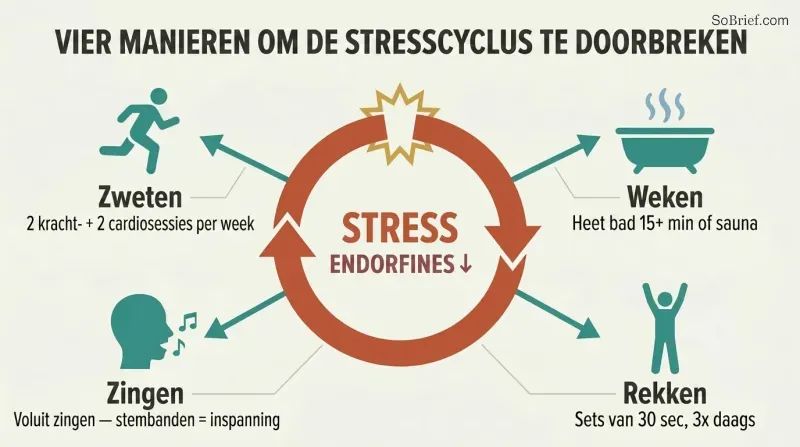 A broken circular stress loop at center with four solution spokes radiating outward to icons for exercise, heat, singing, and stretching.