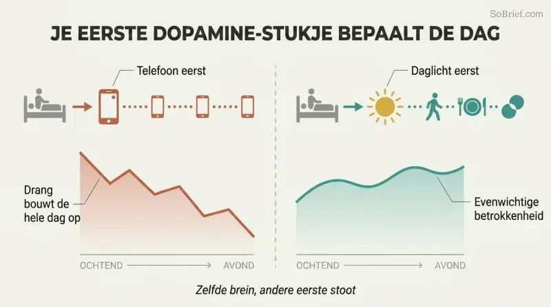 Split panel comparing two morning routines where grabbing a phone first leads to all-day cravings while choosing daylight first leads to a balanced day.