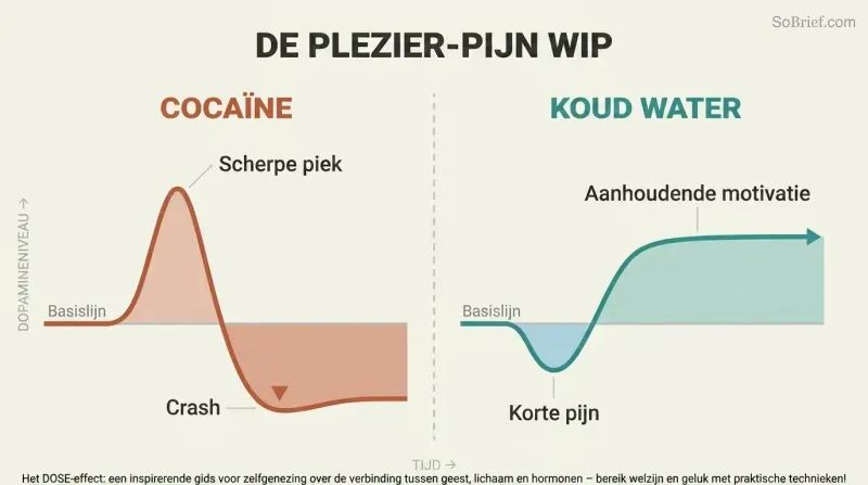 Split comparison of two dopamine curves over time — a sharp spike then crash for cocaine versus a brief dip then sustained elevation for cold water exposure.