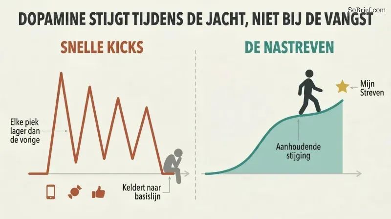 Split panel comparing jagged declining dopamine spikes from quick hits against a smooth rising dopamine curve from sustained pursuit of a meaningful goal.