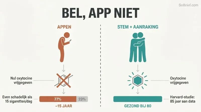 Split panel comparing texting with zero oxytocin release on the left to voice and touch triggering oxytocin and longevity on the right.