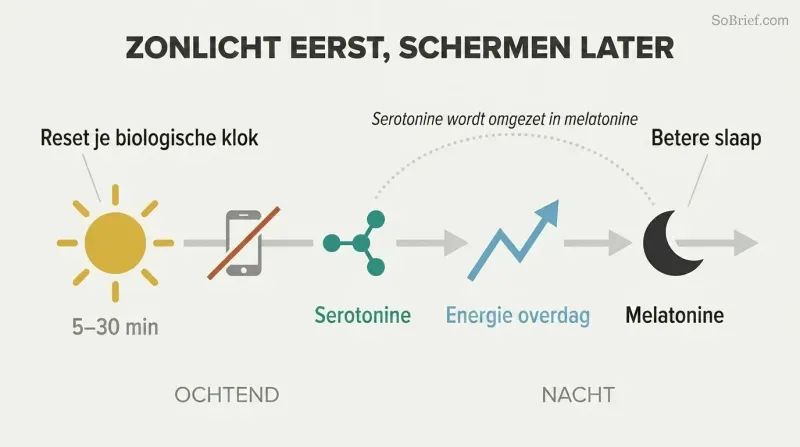 Horizontal morning-to-night timeline showing sunlight triggering a serotonin-to-melatonin chemical chain across the day for better energy and sleep.