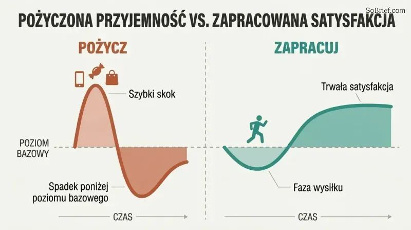 Split panel comparing two dopamine curves — a sharp spike crashing below baseline versus a gradual dip rising to sustained satisfaction above it.