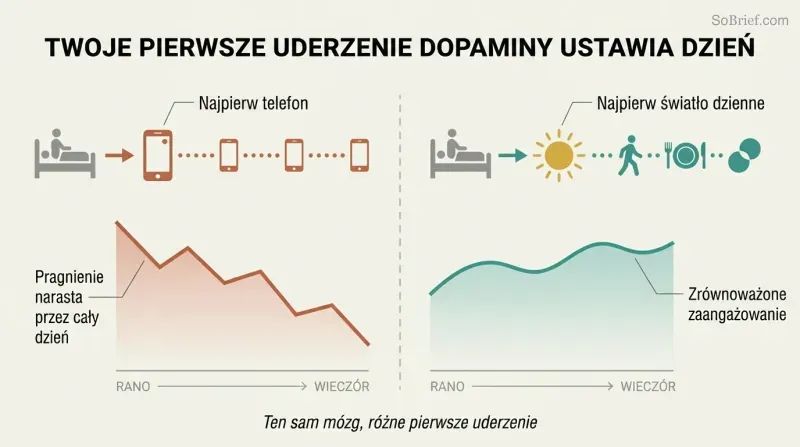 Split panel comparing two morning routines where grabbing a phone first leads to all-day cravings while choosing daylight first leads to a balanced day.