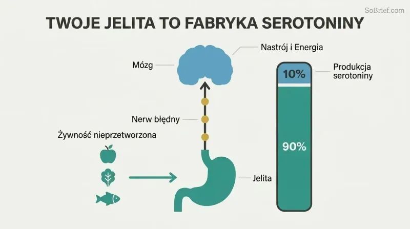 Vertical diagram showing gut and brain connected by vagus nerve, with a proportion bar revealing 90% of serotonin is produced in the gut, fed by whole foods.