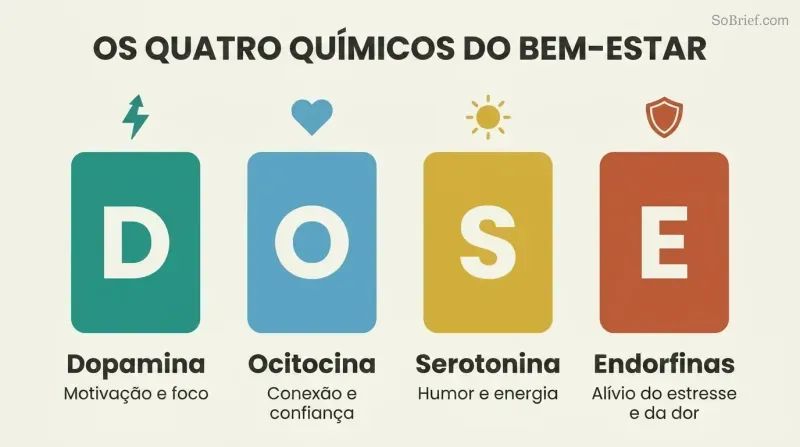 Four vertical pillars labeled D, O, S, and E represent dopamine, oxytocin, serotonin, and endorphins with their distinct wellbeing functions.