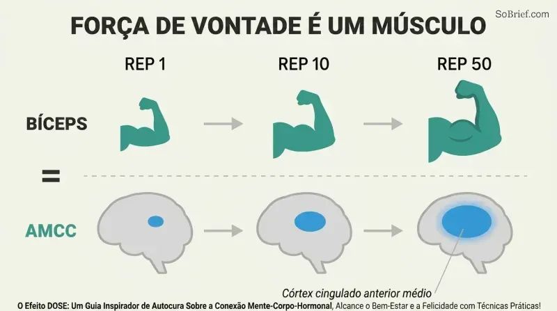 Two parallel progressions showing a bicep and a brain region both growing larger across three stages of increasing repetitions.