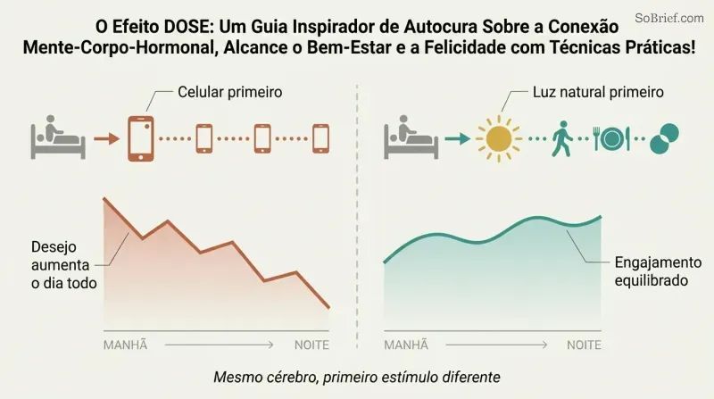 Split panel comparing two morning routines where grabbing a phone first leads to all-day cravings while choosing daylight first leads to a balanced day.