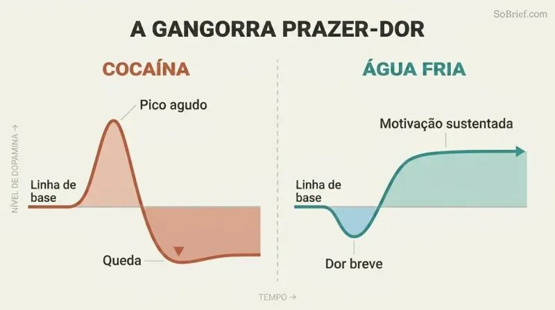 Split comparison of two dopamine curves over time — a sharp spike then crash for cocaine versus a brief dip then sustained elevation for cold water exposure.
