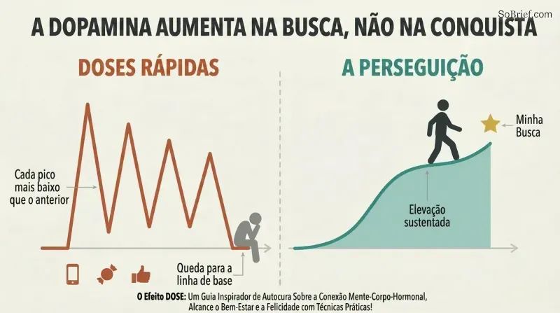 Split panel comparing jagged declining dopamine spikes from quick hits against a smooth rising dopamine curve from sustained pursuit of a meaningful goal.