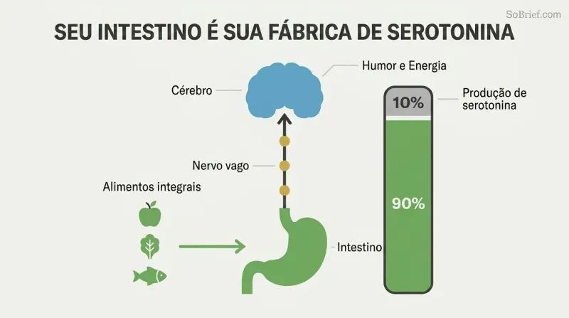 Vertical diagram showing gut and brain connected by vagus nerve, with a proportion bar revealing 90% of serotonin is produced in the gut, fed by whole foods.